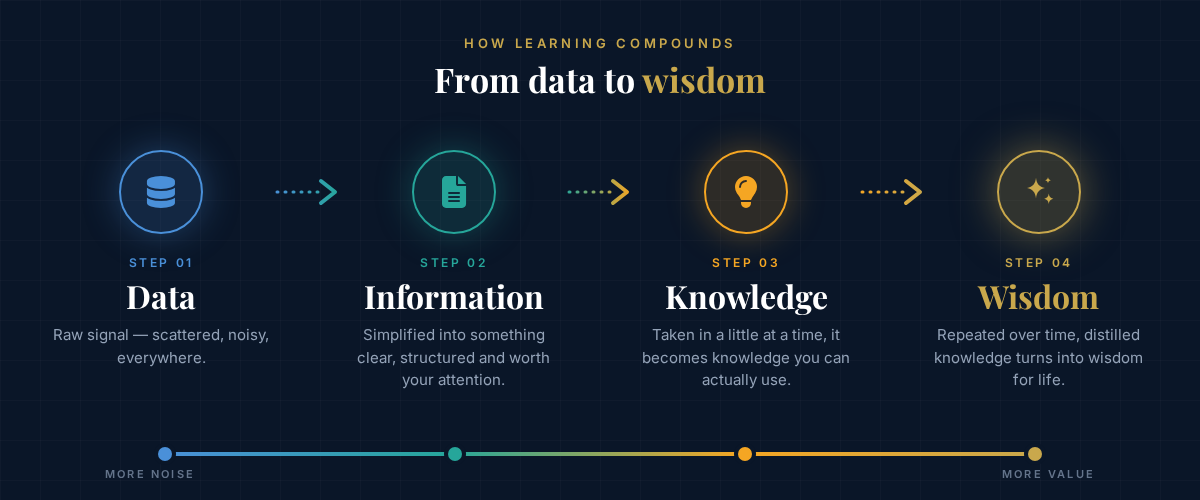 Data → Information → Knowledge → Wisdom: how learning compounds into wisdom